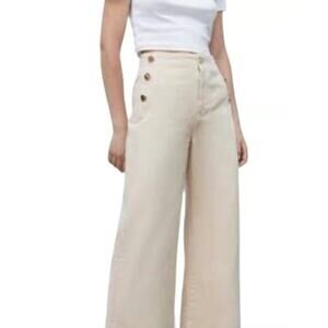NWT - SIZE 4  - ZARA WIDE LEG HIGH RISE CROPPED JEANS - GOLD BUTTONS - CREAM